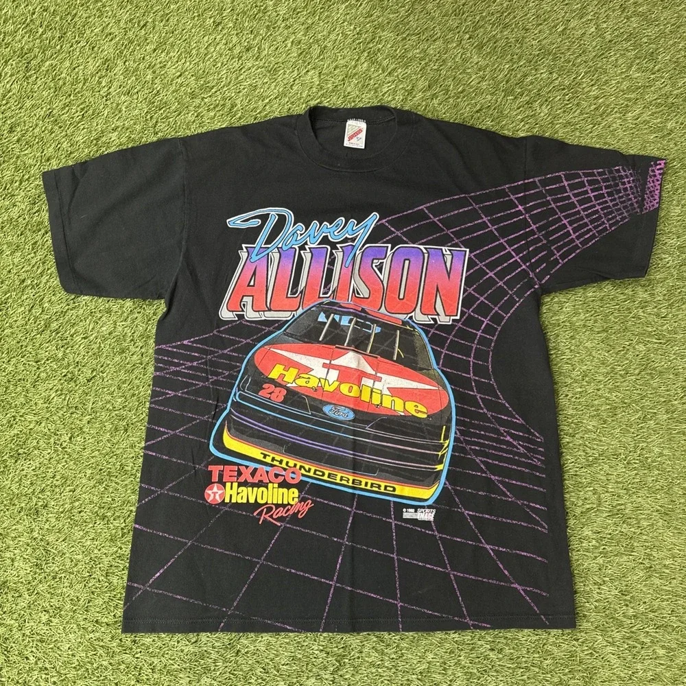 Vintage 1992 Davey Allison Havoline Texaco All Over Print Shirt SS Black XL Neon